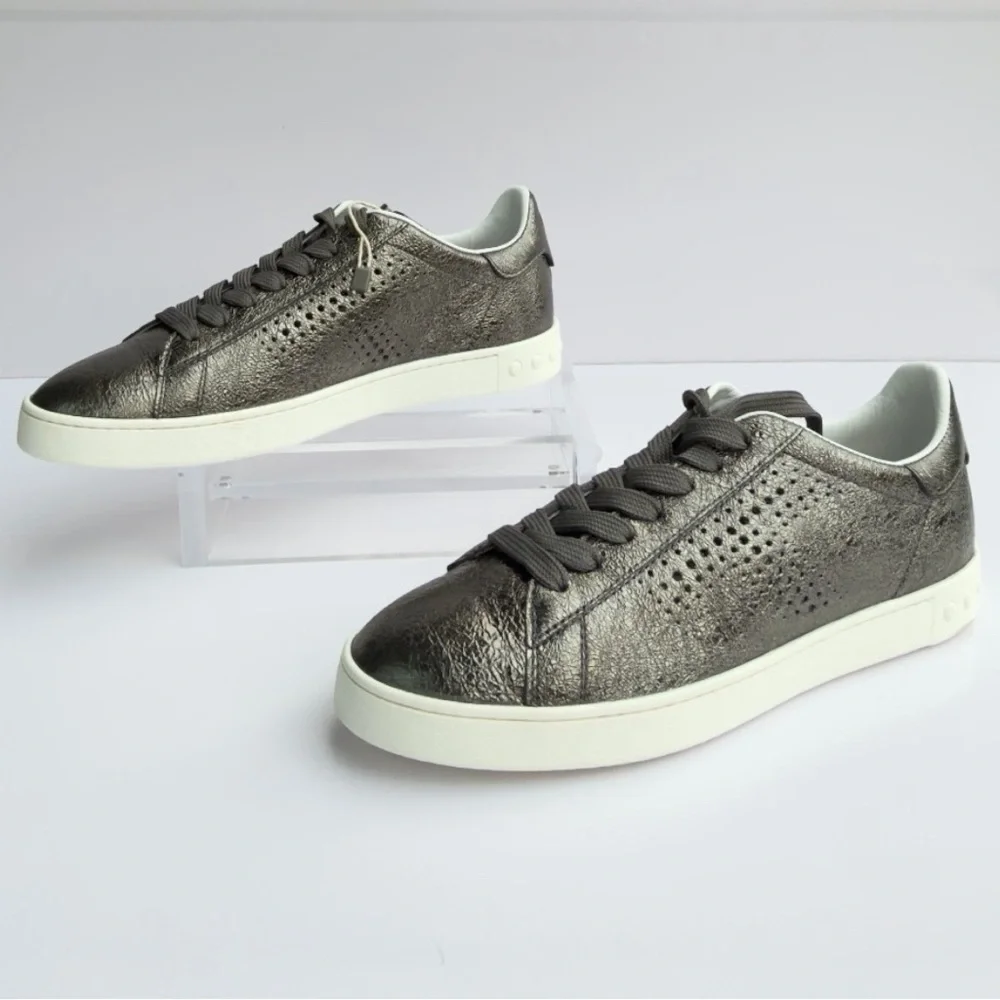 Tod's Women’s Metallic Gunmetal Silver Perforated Leather Low Top Sneakers NEW